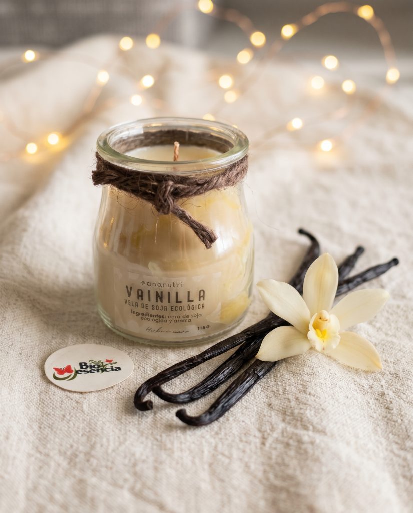 Vela de vainilla con vainas y flor de vainilla y luces navideñas